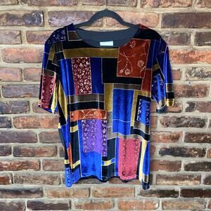 220 Hickory Vintage Patchwork Velvet Velour Gold Metallic Top Womens Size Medium